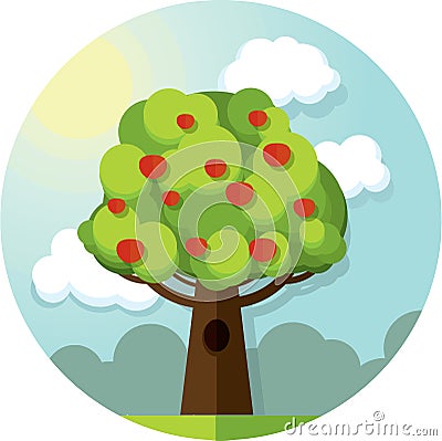 Round vector picture tree apples apple among the clouds and sun on blue sky Vector Illustration