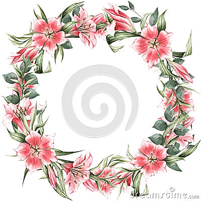 Round vignette of pink lilies and green leaves Delicate floral illustration hand-drawn in watercolor. Great for brochures, Cartoon Illustration