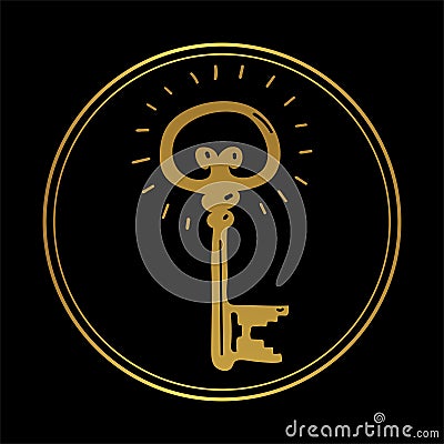 Round vintage icon with golden medieval key on black background. Vector flat illustration in boho design. Vector Illustration