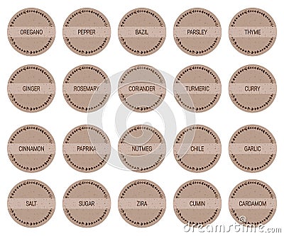 Round vintage spice labels, kitchen stickers Vector Illustration