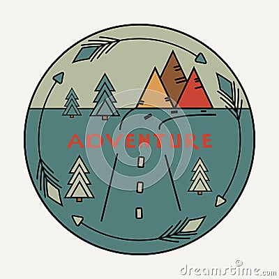 Round vintage sticker Adventure. The road, the arrows, mountains, fir trees. Symbol of free travel. Camper tourism. Van life label Vector Illustration