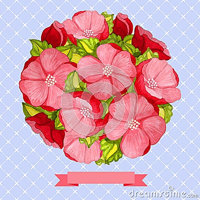 Round vintage watercolor bouquet of pink flowers Vector Illustration