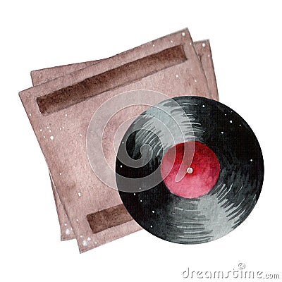 Round vinyl record with red label watercolor paint. Hand drawn watercolor element on white background. Stock Photo