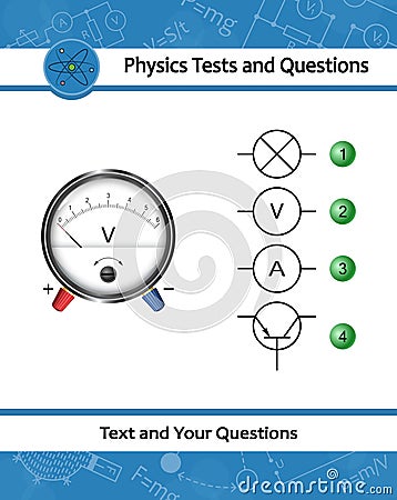 Round voltmeter with metal frame. Voltmeter and icons electrical scheme. Physical test. Find the right answer. Simple e schema Vector Illustration