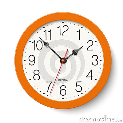 Round wall clock with orange color body isolated on white background Vector Illustration