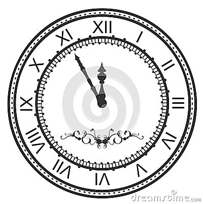 Round watch dial at five minutes to midnight. New Year Eve roman numerals Vector Illustration