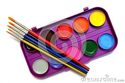 Round watercolor paints in a plactic box Stock Photo