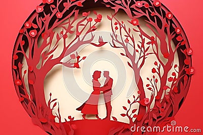 Round wedding composition in beautiful paper cut style design. Stylish abstract red background with marred couple in love. Stock Photo