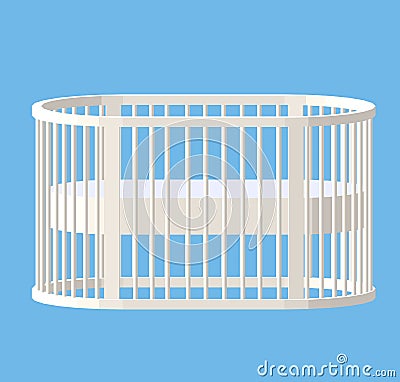 Round white cot. Baby Crib. Modern nurse design. Vector illustration isolated. Cartoon Illustration