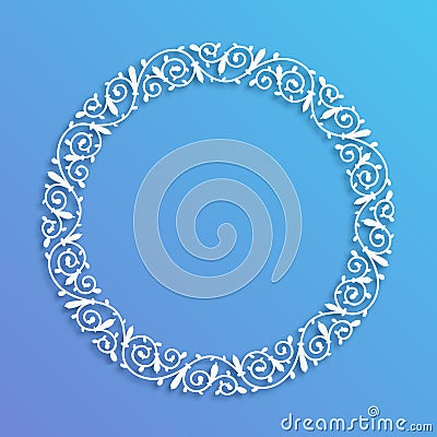 Round white frame, vignette on a blue background. Vector geometric border, bas-relief Elegant decoration, ornament Vector Illustration