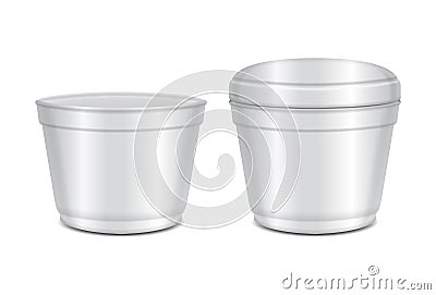 Round white plastic open and closed container. Soup bowl or for dairy products, yogurt, cream, dessert, jam. Vector packaging set Stock Photo