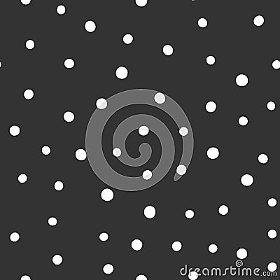 Round white spots on a black background. Seamless pattern with circles drawn by hand. Vector Illustration