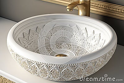 round white wash basin with gold accents and intricate designs Stock Photo