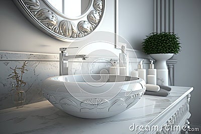 round white washbasin with silver faucet in sleek and modern bathroom Stock Photo