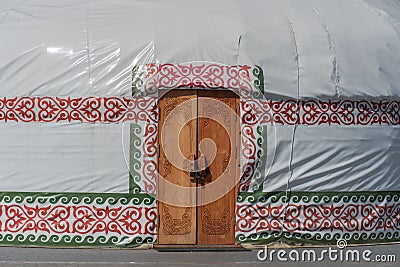 Round white yurt kazakhstan nomads. Traditional asian house. Stock Photo