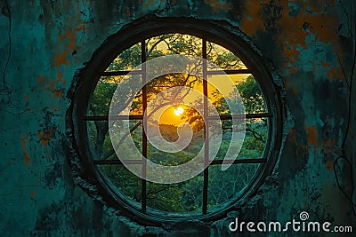 A round window in an abandoned building with a view of the sun setting through it. Generative AI Stock Photo