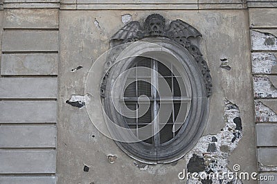 Round window of the church morgue Stock Photo