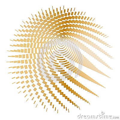 Round wireframe grid of gold lines and stripes on a white background Polygon circle pattern design element Abstract graphic round Vector Illustration