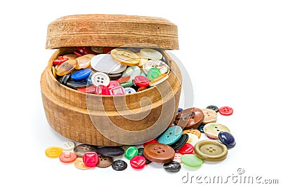 Round wooden box with colorful buttons Stock Photo