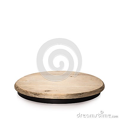 Round wooden display isolated on white background. Blank shelf for showing your product. Clipping paths Stock Photo