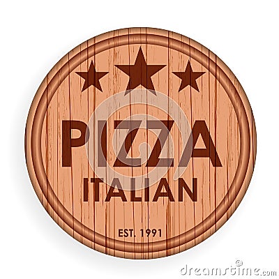 Round wooden plate, cutting board. Pizza design elements template for logo label for pizzeria. Vector illustration. Vector Illustration