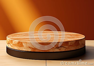 Round wooden saw cut cylinder shape on beige background abstract background. product podium with architecture columns on warm tone Stock Photo