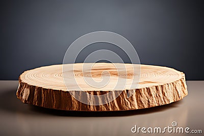 Round Wooden Saw Cut with Single Cylinder Shape for Product Presentation on a Gray Background Stock Photo