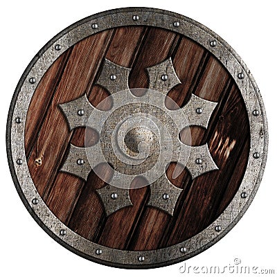 Round wooden shield with metal star isolated 3d illustration Stock Photo