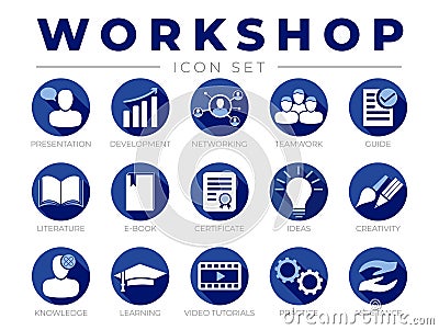 Round Workshop Icon Set. Presentation, Development, Networking, Teamwork, Guide, Literature, E-Book, Certificate, Ideas, Vector Illustration