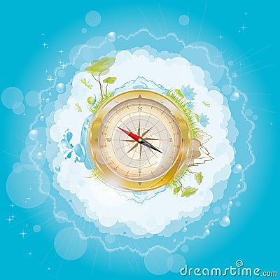 Round the world - nature design with compass Vector Illustration