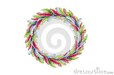 A round wreath of bright feathers of red-blue and green colors in watercolor Stock Photo