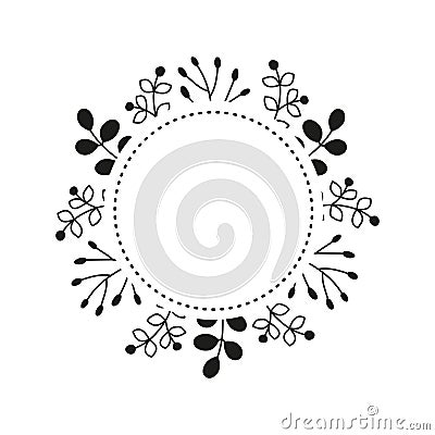 Round wreath with doodle leafy twigs, wild herbs, plants, berries. Vector Illustration