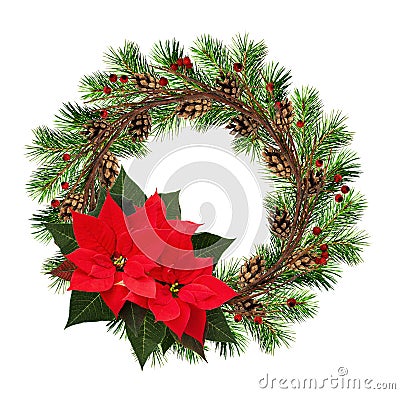 Round wreath from dry twigs and Christmas tree branches with red Stock Photo