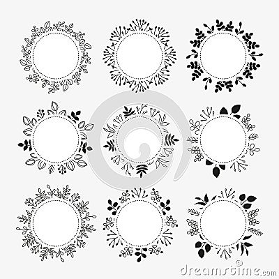 Round wreaths with doodle leafy twigs, wild herbs, plants, berries. Vector Illustration