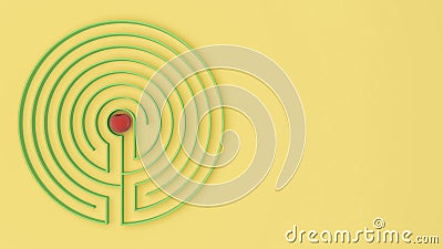 Round yellow and green labyrinth maze game with entry and exit, find the path to the apple concept, love temptation background ide Stock Photo