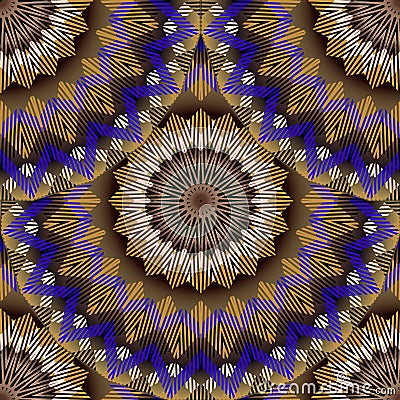 Round zigzag mandalas seamless pattern. Ornamental vector colorful background. Repeat geometric backdrop. Radial shapes, fractals Vector Illustration