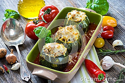 Round zucchini stuffed with meat and mozzarella Stock Photo