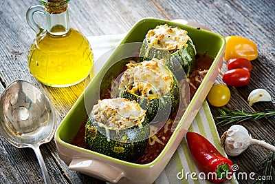 Round zucchini stuffed with meat and mozzarella Stock Photo