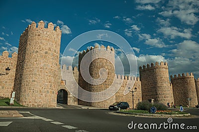 Roundabout in front gateway and large wall encircling Avila Editorial Stock Photo