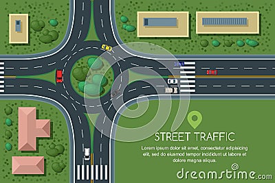 Vector flat illustration of roundabout road junction and city transport. City road, cars, crosswalk top view. Vector Illustration