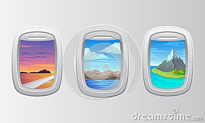 Rounded Airplane Window with Picturesque View Vector Set Vector Illustration