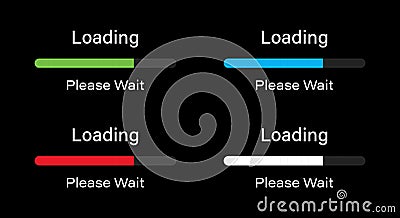 Rounded bar loading please wait symbol icon set in four different colors. Vector Illustration