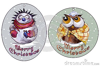 Rounded christmas tags with smiling hedgehog and funny owl. Watercolor painting Stock Photo