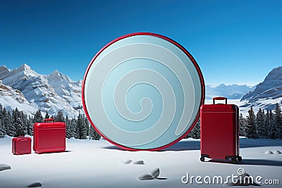 Rounded copy space background and two red suitcases on the snow in mountain. Minimalist touristic concept Stock Photo