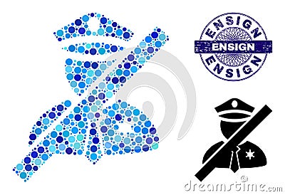 Distress ENSIGN Round Guilloche Seal Stamp and Frorbidden Police Man Collage Icon of Round Dots Vector Illustration