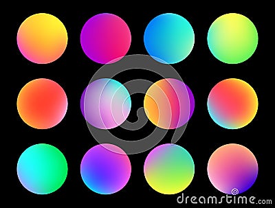Rounded holographic gradient sphere button. Multicolor fluid circle gradients, colorful soft round buttons or vivid Vector Illustration