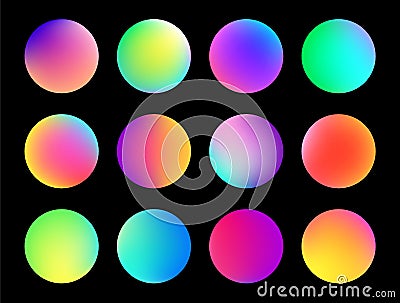 Rounded holographic gradient sphere button. Multicolor fluid circle gradients, colorful soft round buttons or vivid Vector Illustration