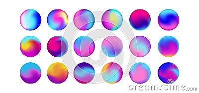 Rounded holographic gradient sphere button. Multicolor purple yellow orange pink cyan fluid circle gradients, colorful Vector Illustration