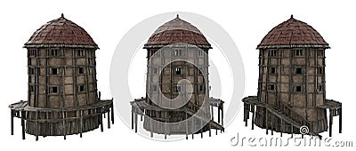 Rounded medieval tower building with wooden frame and steps. 3D rendering from 3 angles Cartoon Illustration