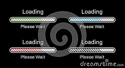 Rounded rectangular bar loading with tilted lines please wait symbol icon set in green, blue, red and black color. Vector Illustration